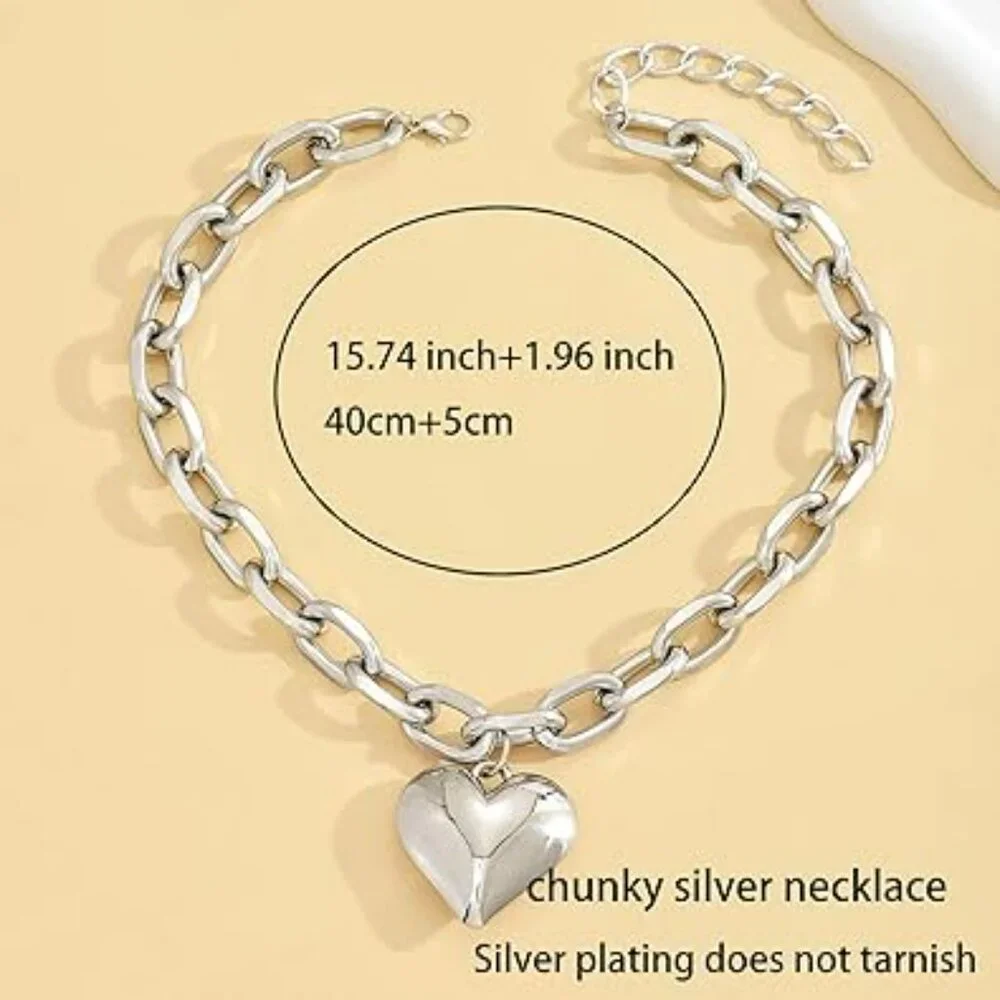 Silver Chunky Heart Necklace Statement Puffy Heart Pendant Chain Elegant Fashion